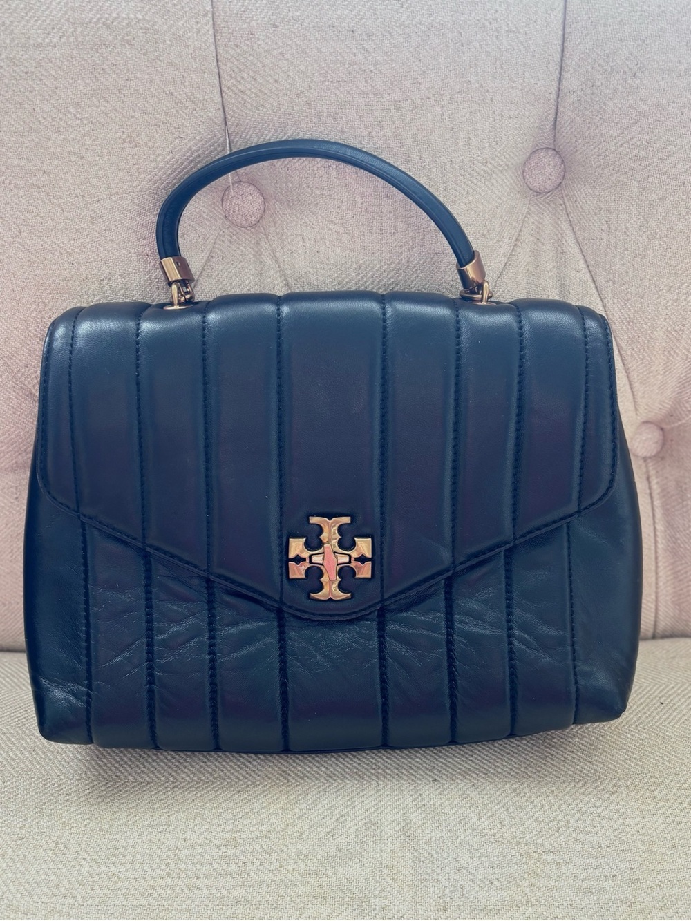 Tory Burch Kira Small Black Leather Single Top Handle Quilted Satchel Handbag